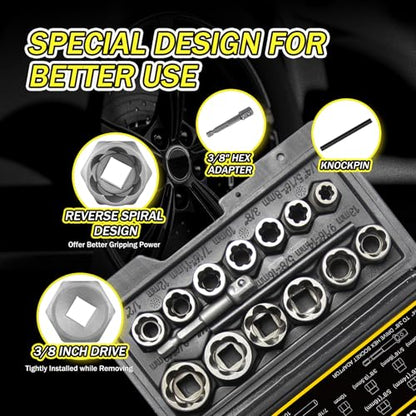 15Pcs Bolt Extractor Socket Set, Heavy-Duty Nut Socket Set, 3/8" Drive Impact Stripped Bolt Remover & Locking Lug Nut Tool for Damaged/Frozen/Rusted Bolts, Nuts & Screws, Storage Case Included - size: 15Pcs