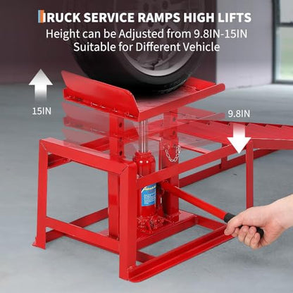 Heavy Duty Hydraulic Car & Truck Service Ramps, 2 Pack, 5 Ton (11000 lbs) Capacity - Adjustable Low Profile Lift 9.8"–16.21" - Ideal for Oil Changes and Garage Use - Red - color: Red