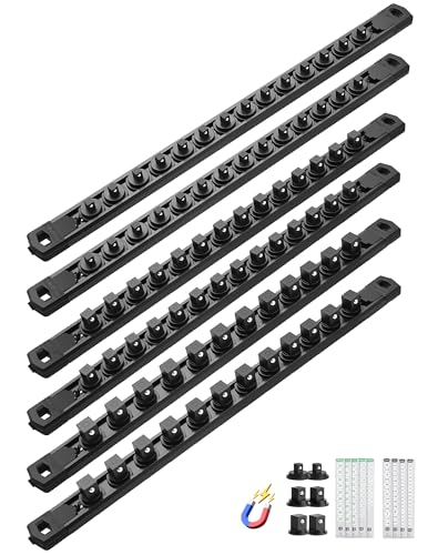 ALOANES Magnetic Socket Organizer Set, 6PC Heavy Duty Aluminum Socket Holder Organizer, 360° Swivel Clips Socket Holder Kit for Toolbox Drawer Fit 1/2, 3/8, 1/4-Inch x 80 Clips (Black, 6PC) - color: Black, size: 6PC, 1/2, 3/8, 1/4-Inch Drive
