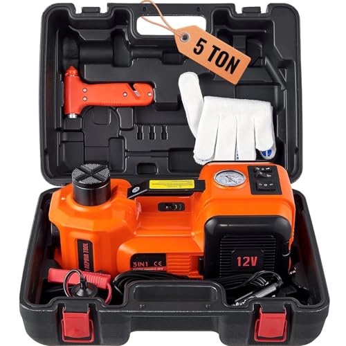 Electric Car Jack Kit 5Ton 12V Hydraulic Car Jack Lift (Lifting Range: 6.1~17.7 inch) with Built-in Inflatable Pump and LED Light, for SUV MPV Sedan Truck Change Tires Garage Repair
