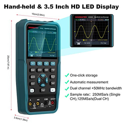 HANMATEK 3 in 1 Handheld Oscilloscope Multimeter with 2 Channels HO52S 3.5"TFT Oscilloscop, 50Mhz Waveform Generator Multimeter Backlit Screen, Auto-Calibration Function, Memory Function, Multi Tester - style: Professional 50 Mhz+Generator