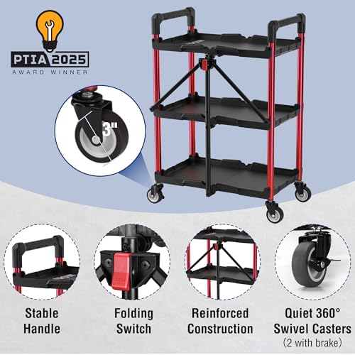 WORKPRO 3-Tier Collapsible Service Cart, Black/Red, 210 LBS Foldable Utility Cart with Wheels, Portable Rolling Tool Cart for Garage, Warehouse, Home, Restaurant and Office (No Assembly Required) - color: Black/Glossy Red