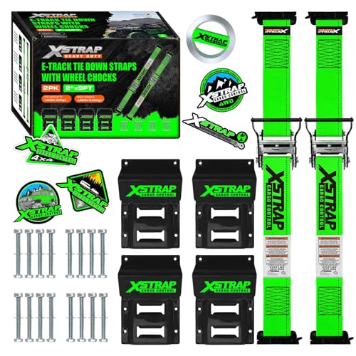 XSTRAP STANDARD 2-PK Wheel Chock E-Track Tie Down Straps Kit, 2"x9FT, Green | 4,400lb Break Strength Over-The-Tire Ratchet Straps with Steel Wheel Chocks for ATV, UTV, Lawn Mower, Trailer Hauling - size: Green-2PK-9FT