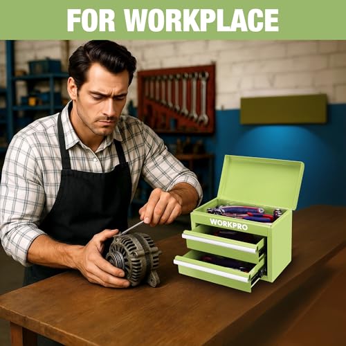 WORKPRO Metal Mini Tool Box with 2 Drawers and Top Storage | Cold Rolled Steel Toolbox, Ball Bearing Slides, PVC Drawer Liners, PP Feet Pads, Durable Storage - color: Macaron Green