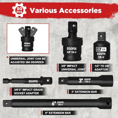 3/8" Drive Impact Socket Set, 50 Piece Standard SAE (5/16 to 3/4 inch) and Metric (8-22mm) 6 Point, with Adjustable Ratchet Handle, Extension Bars, Impact Universal Joint, Adapter, Cr-V Steel - style: 3/8-50PCS