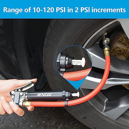 10-120 PSI Tire Inflator Gauge with Lock on Air Chuck and 12" Air Hose, Tire Air Pressure Gauge with Air Compressor Accessory for Car Truck Motorcycle Bike
