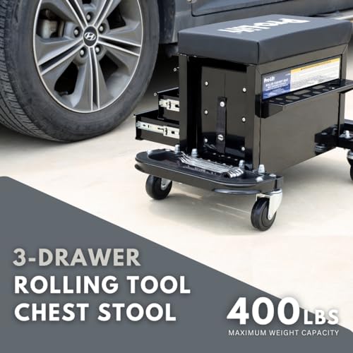 Pro-Lift Mechanic Roller Seat with Tool Box - 3-Drawer Rolling Tool Chest Stool with Padded Seat Cushion for Garage Creeper – 400 Lbs Capacity