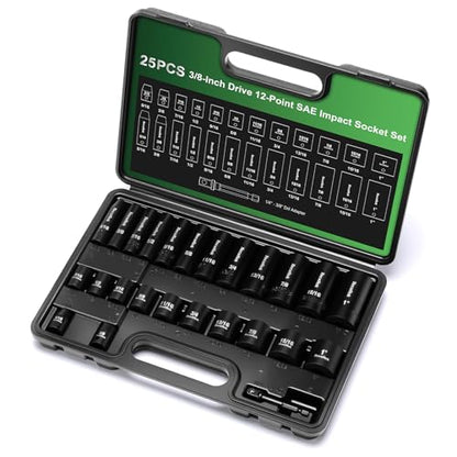 TecoTek 25 Pieces 3/8-Inch Drive Deep and Shallow 12-Point Impact Socket Set, CR-V, 5/16" - 1", SAE, 1/4"-3/8" Drill Adapter - size: 8mm-25mm(deep & Shallow)