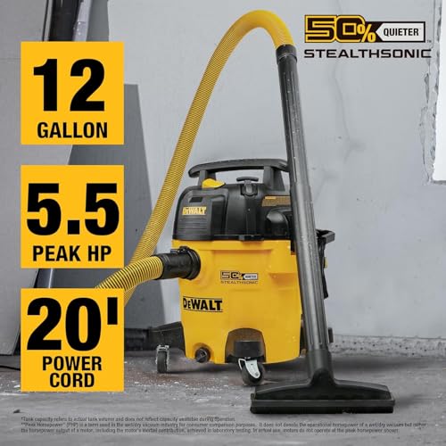 DEWALT 12 Gallon STEALTHSONIC Ultra Quiet Poly Wet Dry Vacuum, DXV12P-QTA Powerful Suction Noise Reduction Vac, 5.5 Peak HP Shop Vacuum for Jobsite/Workshop, Reduce Motor Noise - size: 12 Gallon