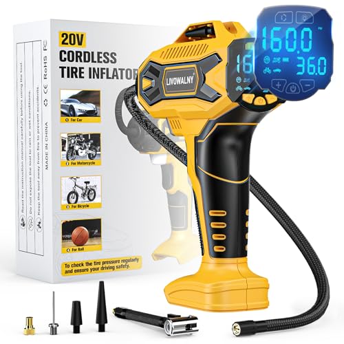 Tire Inflator Air Compressor Compatible with Dewalt 20V Battery, LIVOWALNY 160 PSI Cordless Portable Electric Air Pump 2026 Bigger LCD Digital Pressure Gauge for Car, Bike, Sport Ball (Tool Only) - color: Standing Style Compatible With Dewalt