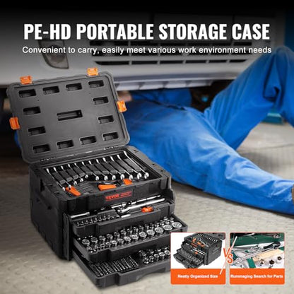 VEVOR Mechanics Tool Set and Socket Set, 1/4" 3/8" 1/2" Drive, 450 PCS | SAE and Metric Socket Wrench Set with 3-Drawer Tool Box, Tool Kit with Bits, Combination Wrench, Hex Wrenches, Accessories - size: 1/4"&3/8"&1/2", style: 450 PCS