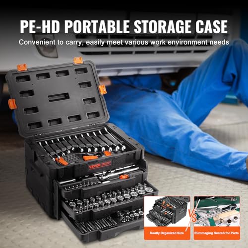VEVOR Mechanics Tool Set and Socket Set, 1/4" 3/8" 1/2" Drive, 450 PCS | SAE and Metric Socket Wrench Set with 3-Drawer Tool Box, Tool Kit with Bits, Combination Wrench, Hex Wrenches, Accessories - size: 1/4"&3/8"&1/2", style: 450 PCS
