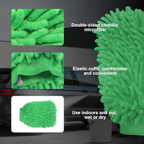 Ziciner Premium Microfiber Wash Mitt, Soft Scratch-Free Double-Sided Chenille Washing Gloves Perfect for Car Washing and Detailing (Green, Large) - color: Green