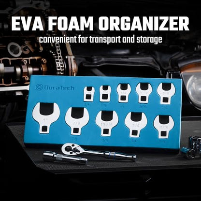 DURATECH 10-Piece 3/8" Drive Crowfoot Wrench Set, SAE, 3/8"-1" | Open End Wrench Set, for Brake & Fuel Line Fittings in Tight Space, CR-V Steel, with EVA Foam Tool Organizer - size: SAE, style: Regular