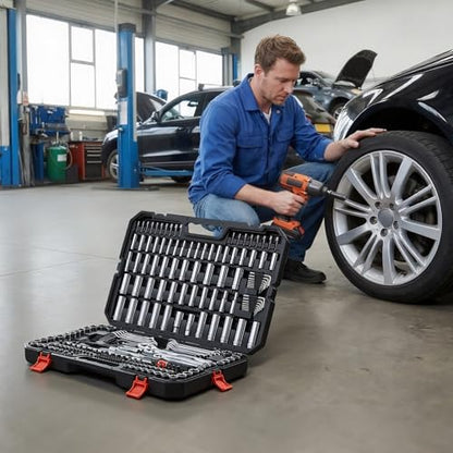 VEVOR Mechanics Tool Set, 253-Piece Mechanic Tool Kit, 1/4 in, 3/8 in, and 1/2 in Drive, SAE and Metric Socket Set, Wrenches, Screwdriver Bits, Accessories, and Storage Case, for Automotive Repair - size: 1/4"&3/8"&1/2", style: 253 PCS