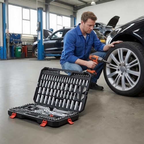 VEVOR Mechanics Tool Set, 253-Piece Mechanic Tool Kit, 1/4 in, 3/8 in, and 1/2 in Drive, SAE and Metric Socket Set, Wrenches, Screwdriver Bits, Accessories, and Storage Case, for Automotive Repair - size: 1/4"&3/8"&1/2", style: 253 PCS