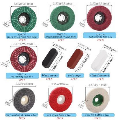 17PCS 4 Inch Buffering Wheels Polishing Kit with Compound for Angle Grinder,Includes 14Pcs Nylon Fiber Flap Disc & Wool Felt Polishing Wheel,3Pcs Buffing Compounds and Sanding Sponge - size: 4 Inch - 18pcs