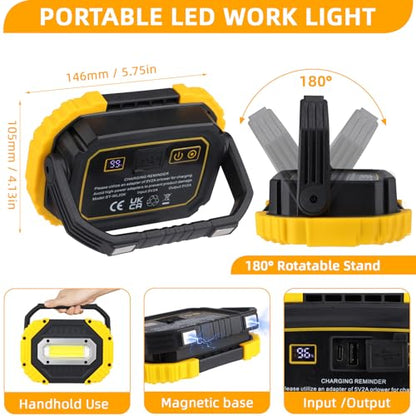 20W Rechargeable Work Light, 2000LM Super Bright Portable LED Flood Light, 7 Modes with Power Indicator, 180° Adjustable Stand Magnetic Base for Job Site, Car Repair, Camping, Outdoor - size: 5.75 inches