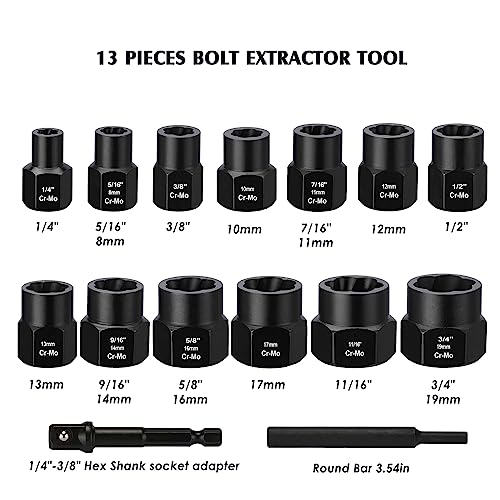 MIXPOWER 13-Piece 3/8-inch Impact Bolt & Nut Remover Set, Nut Extractor Socket, Bolt Remover Tool Set with Hex Adapter, Metric and SAE