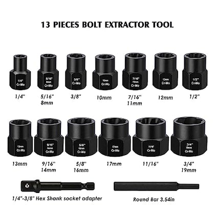 MIXPOWER 13-Piece 3/8-inch Impact Bolt & Nut Remover Set, Nut Extractor Socket, Bolt Remover Tool Set with Hex Adapter, Metric and SAE