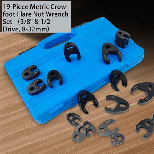 Crowfoot Flare Nut Wrench Set, 19PC Metric Tool 8 to 32 mm Sizes 3/8" & 1/2" Drive for Ratchets & Torque Wrenches(12Pcs for 3/8" drives, 8mm-19mm; 7Pcs for 1/2" drives, 21mm-32mm.