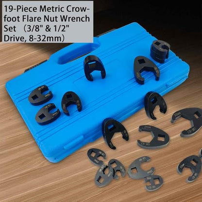 Crowfoot Flare Nut Wrench Set, 19PC Metric Tool 8 to 32 mm Sizes 3/8" & 1/2" Drive for Ratchets & Torque Wrenches(12Pcs for 3/8" drives, 8mm-19mm; 7Pcs for 1/2" drives, 21mm-32mm.