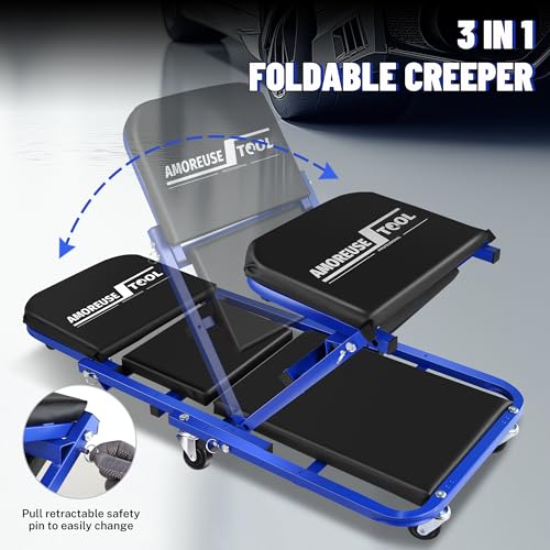 36" Folding Creeper with Tire Kit & Cross Wrench, 330 LBS, 6 Casters | Steel folding creeper converts to seat. Folds flat. 6 casters. Tire kit & 5 boxes. - color: Blue Black with Tire Kit, Wrench & Storage
