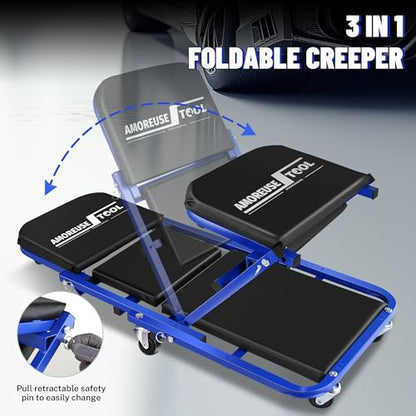 36" Folding Creeper with Tire Kit & Cross Wrench, 330 LBS, 6 Casters | Steel folding creeper converts to seat. Folds flat. 6 casters. Tire kit & 5 boxes. - color: Blue Black with Tire Kit, Wrench & Storage