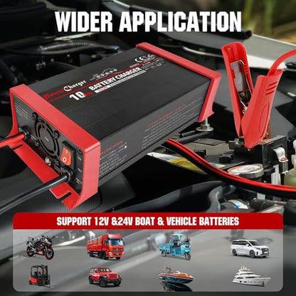 12V/24V 10A Smart Battery Charger, Automatic Battery Charger with Overcharge Protection,Battery Maintainer,LED Indicator&SAE Connector for SLA AGM Gel Wet Lead Acid deep Cycle Batteries