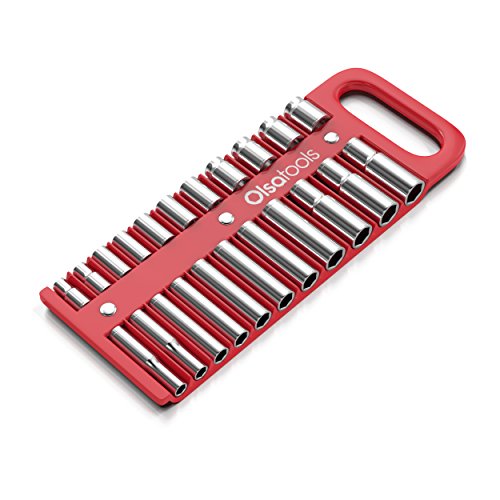 Olsa Tools Magnetic Portable Socket Organizer Tray - 1/2-Inch Drive - Red Holder for Deep & Shallow Sockets - Fits up to 1-3/16" SAE or 30mm Metric - Quality Product for Professionals - Part 1077 - color: Red, size: 1/2-Inch Drive