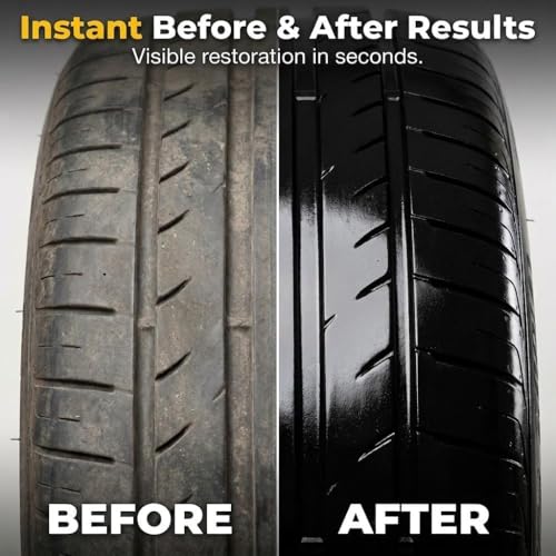 Shiny Black Tire Renovator, The Perfect Deep Black Shine - Long Lasting Car Tire Dressing - No Sling & Dry to Touch, Kit with Applicator and waxing Gloves
