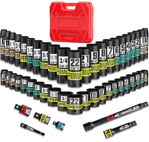 3/8" Drive Impact Socket Set, 50-Piece Standard SAE 5/16 to 3/4 inch and Metric 8-22mm, Cr-V Steel, 6 Point, with Extension Bars and Adapters, for Impact Wrenches, Automotive and Home - size: 3/8" 50pcs