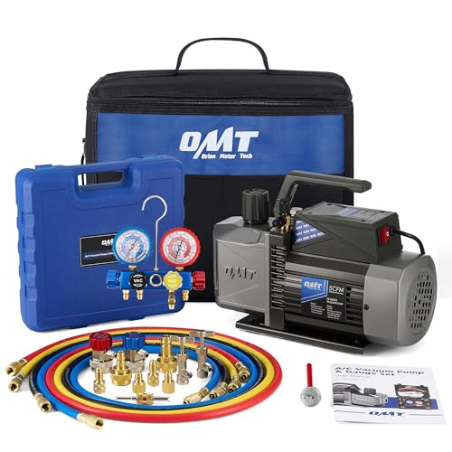 Orion Motor Tech A2L AC Vacuum Pump and Gauge Set, 5 cfm 2 Stage Sparkless Ignition Proof Vacuum Pump for R1234yf R32 R134a R410A System, with 4 Way AC Gauges Quick Couplers Thermometer Can Taps Hoses - size: 5.0 CFM A2L&R1234yf R32 R134a R410A