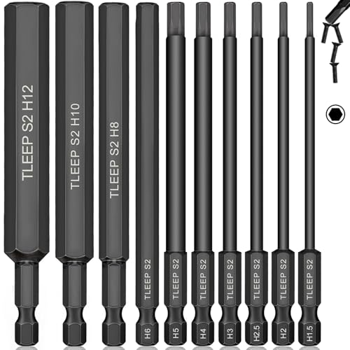 10 x Long 100MM 1/4 Inch Hex Head Allen Wrench Drill Bits, Big 12mm to Small 1.5mm, Metric, S2 Steel Magnetic Tips Screwdriver Socket Bit Set for Ikea Type Furniture, Black - color: Set 2: 12mm to 1.5mm, 100mm Black