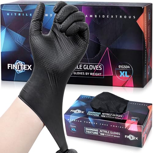 FINITEX Industrial Diamond Texture Nitrile Black Glove - 100/1000PCS Chemical Resistant 6.3mil Mechanic Disposable Gloves - color: Black (X-large 100)
