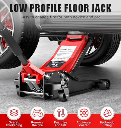 Low Profile Hydraulic Floor Jack 3T 6600lbs, Dual Piston Quick Lift, 2.95"-19.88" Lifting Range, Heavy Duty Alloy Steel 360° Swivel Wheels Car Maintenance for Sedan, SUV, Truck, Garage Auto Repair