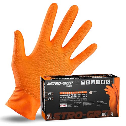 Astro-Grip Powder-Free Exam Grade Nitrile Disposable Gloves. Size Large, Orange, 7 mil Thickness. Chemical and Puncture Resistant. Single-Use. Pack of 100. (66473)