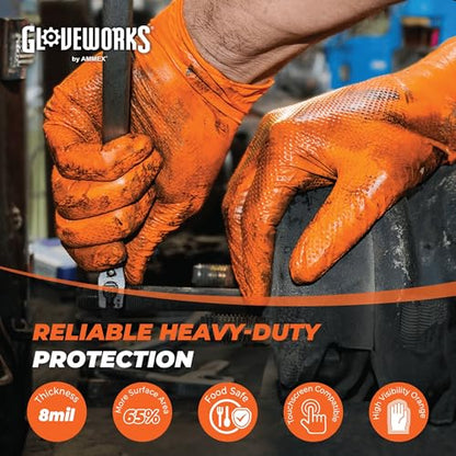 GLOVEWORKS Orange Nitrile Work Gloves, 8 Mil Disposable Heavy Duty, Raised Diamond Grip Mechanic Glove, XXL, 3 Cases of 1000 - size: XX-Large, style: 3 Cases of 1000