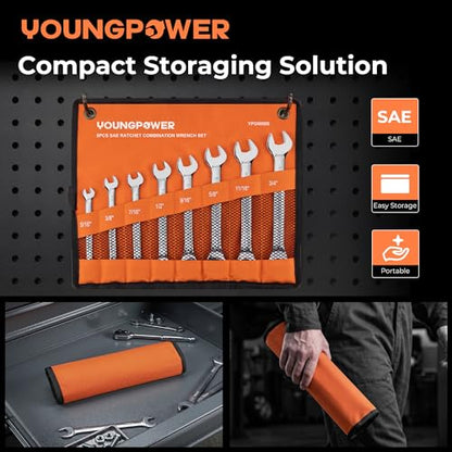 8-Piece SAE Ratcheting Combination Wrench Set, 72-Tooth, CR-V Steel | Mirror Polished, 12-Point Design, Rolling Pouch Included, Ideal for Domestic Automotive Repairs and Home Garage Projects - size: 5/16"-3/4"