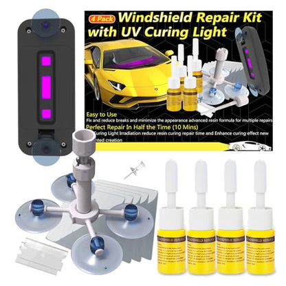 CLAMPER Windshield Repair Kit, Windshield Crack Repair Kit 4 Pcs, Windscreen Repair Kit with Enhanced Injection Head Suction Cup UV Curing Light, Windshield Chip Repair Kit for Bulls-Eye (Yellow) - color: yellow 02a