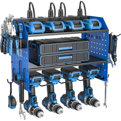 ZESEN Power Tool Organizer with Charging Station, Heavy Duty 4 Layer Drill Holder Wall Mount Garage Shelf Rack with 6 Outlet Power Strip, Tool Shelf with Hooks, Drill Bit Rack for Garage, Blue - color: Blue