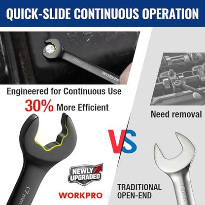 WORKPRO Upgraded 8-piece Anti-Slip Ratcheting Combination Wrench Set with Quick-Slide Open End, 72-Teeth, Cr-V Constructed, Black Metric Wrenches Set with Roll Up Pouch, 8mm-17mm - style: Metric + Quick Release