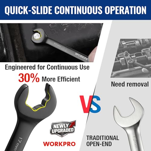 WORKPRO Upgraded 8-piece Anti-Slip Ratcheting Combination Wrench Set with Quick-Slide Open End, 72-Teeth, Cr-V Constructed, Black Metric Wrenches Set with Roll Up Pouch, 8mm-17mm - style: Metric + Quick Release