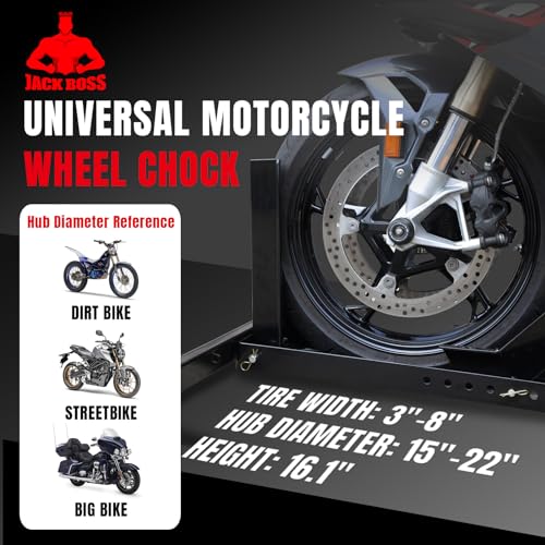 Jack Boss Motorcycle Wheel Chock, Motorcycle Stand Up to 1800LBs, Wide Range 3 Inch to 5 Inch Support Adjustable Front Tire Stand Chocks for Trailer and Truck, Suitable for Most Motorcycles