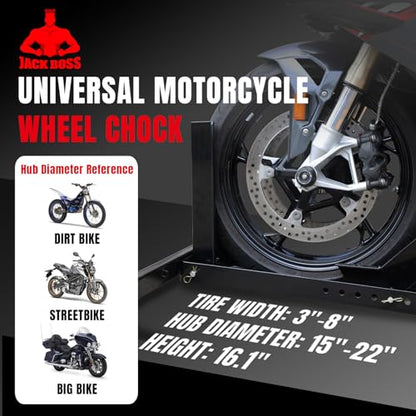 Jack Boss Motorcycle Wheel Chock, Motorcycle Stand Up to 1800LBs, Wide Range 3 Inch to 5 Inch Support Adjustable Front Tire Stand Chocks for Trailer and Truck, Suitable for Most Motorcycles