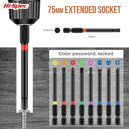 Hi-Spec 68pc Long Extended Screw Driver Bits and Mini Ratchet Wrench Handle Set. DIY Accessories Kit of 25 and 75mm Hex Shank Screwdriving Bits for Drill Drivers - size: 68 PCS