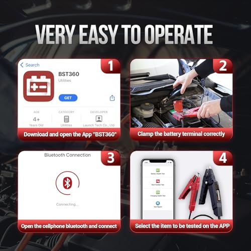 Launch Battery Tester, BST 360 Bluetooth Battery Test Clip, 12V Car Battery Tester with Charging System/Cranking Test, Auto Battery Analyzer for Cars/Trucks/RVs/Motorcycles/Boats