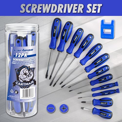 CARTMAN 12-Piece Magnetic Screwdriver Set, Phillips And Flat Hand Tools Set | Magnetic screwdriver set with magnetizer, Phillips and flat tips for appliances, furniture, auto jobs, DIY repairs, and uses. - style: 12 Piece