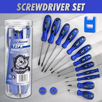 CARTMAN 12-Piece Magnetic Screwdriver Set, Phillips And Flat Hand Tools Set | Magnetic screwdriver set with magnetizer, Phillips and flat tips for appliances, furniture, auto jobs, DIY repairs, and uses. - style: 12 Piece