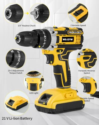 21V Brushless Cordless Drill Driver Set,1500RPM Power Drill with 2 Batteries,25+3 Torque Settings,3/8" Keyless Chuck,LED Light,Professional Home & DIY Tool Kit with Case